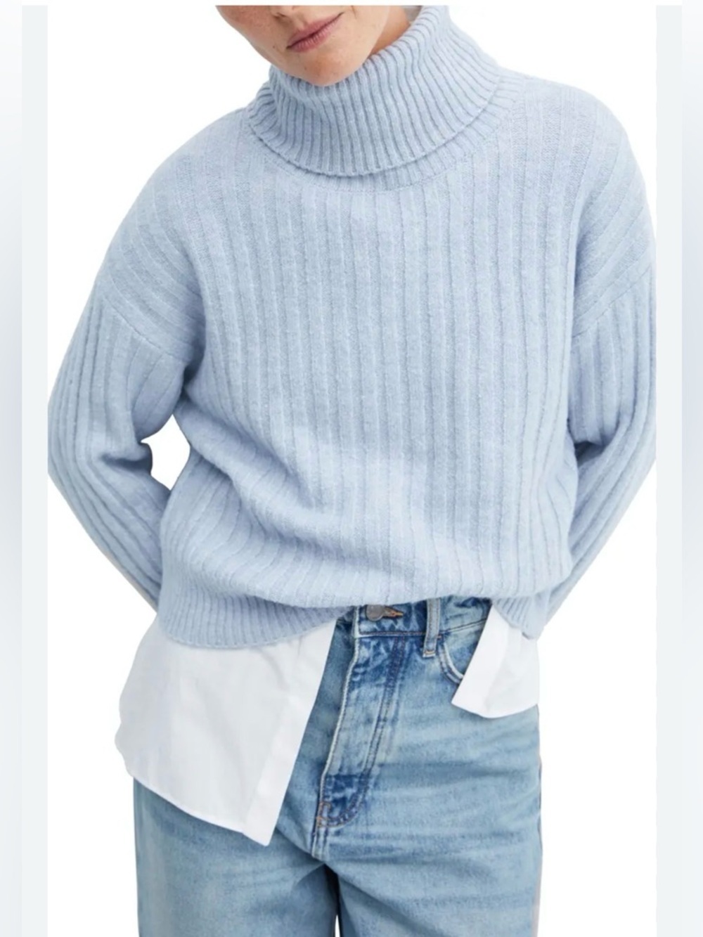 Kim Rogers Sky Blue Ribbed Turtleneck Sweater - 100% Cotton - Size Large